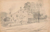Stone tavern on a dirt road, smoke coming out of chimney at rear of building, sign at front shows a bird riding on the back of an animal (1850)