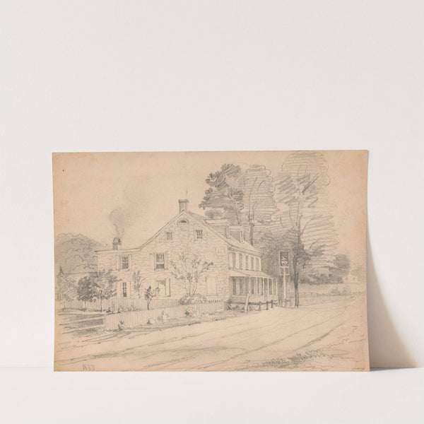 Stone tavern on a dirt road, smoke coming out of chimney at rear of building, sign at front shows a bird riding on the back of an animal (1850) by James Fuller Queen