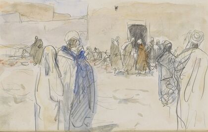Straat met figuren bij een huis