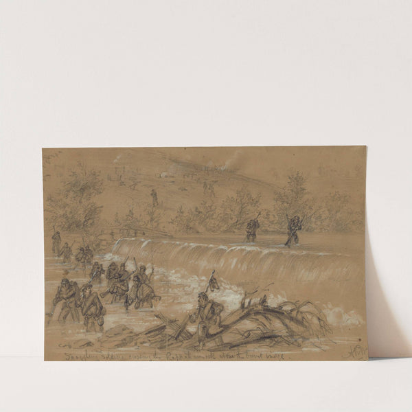 Straggling soldiers crossing the Rappahannock above the burnt bridge by Alfred Rudolph Waud