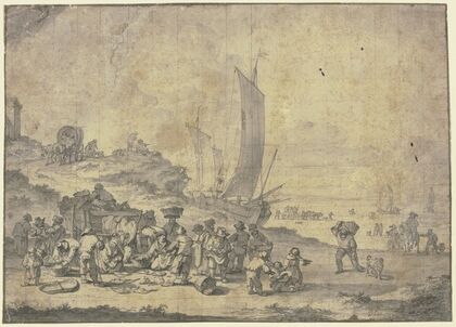 Strand bei Scheveningen, im Vordergrund Bauern und Fischhändler bei einem Karren, rechts Ausblick auf das Meer