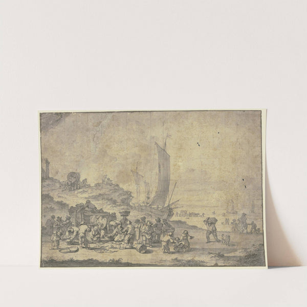 Strand bei Scheveningen, im Vordergrund Bauern und Fischhändler bei einem Karren, rechts Ausblick auf das Meer by Pieter Bout