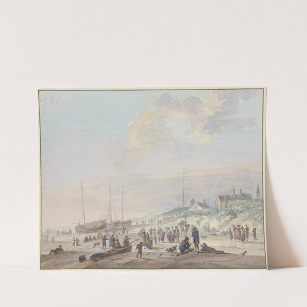 Strand, drei Fischerbarken sind an Land gezogen, viele Personen belustigen sich, rechts ein Dorf auf der Düne by Arie Lamme