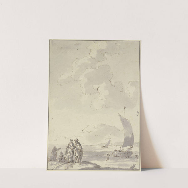 Strand, vorne links ein Herr und eine Dame, daneben drei andere Figuren, rechts drei Segelboote by Ludolf Backhuysen