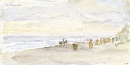 Strandgezicht met ruiter en badstoelen (1834 - 1911)