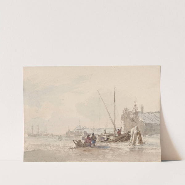 Strandgezicht met vissers bij een boot op de voorgrond by Louis Meijer