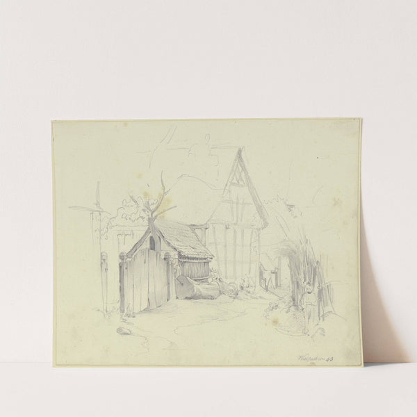 Straße im Dorf, links ein verschlossenes Holztor und eine offene Tür, rechts am Zaun eine Linde by Jakob Fürchtegott Dielmann