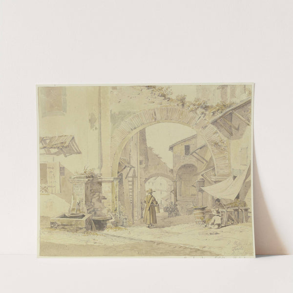 Straße in einem italienischen Städtchen (Tivoli), links ein Brunnen, rechts eine Gemüsehändlerin by Peter von Hess