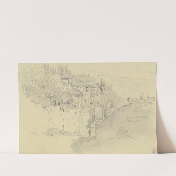 Straßenzug in Granada, im Vordergrund an eine Mauer gelehnt eine Mutter mit zwei Kindern (1868) by Fritz Bamberger