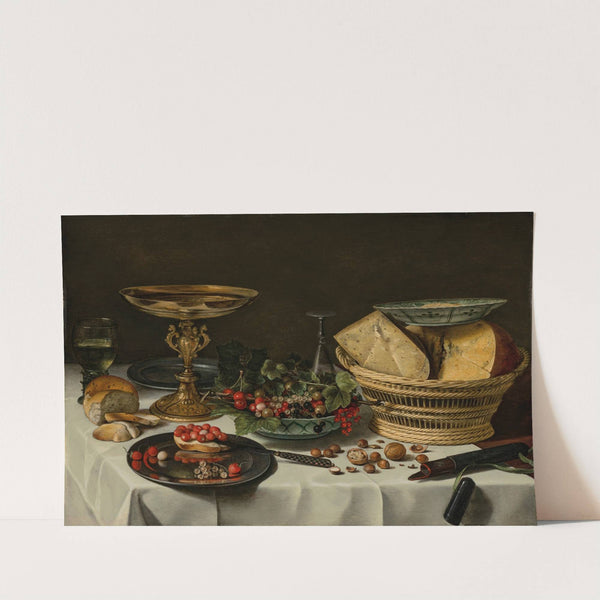 Strawberries, currants and bread on a pewter platter by Pieter Claesz