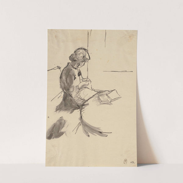 Strickende Frau, auf dem Tisch ein Buch liegend by Hermann Lismann