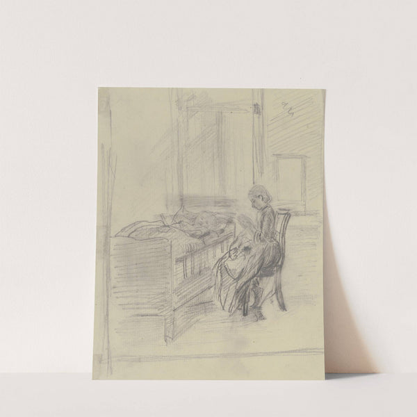 Strickendes Mädchen am Bett eines schlafenden Kindes by Anton Burger