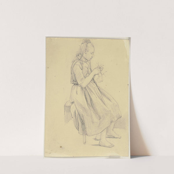 Strickendes Mädchen in Tracht by Jakob Becker
