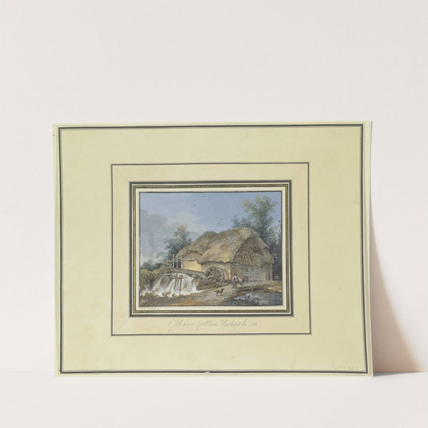 Strohgedeckte Wassermühle, zu der ein Bauer mit Esel und Hund kommt by Johann Gottlieb Hackert