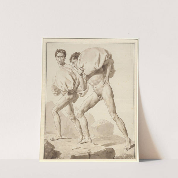 Studie af to nøgne mænd, belæssede med byrder, på vej op ad et bjerg by Christoffer Wilhelm Eckersberg