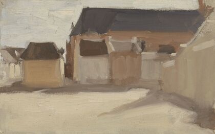 Studie van een dorpspleintje met gebouwen