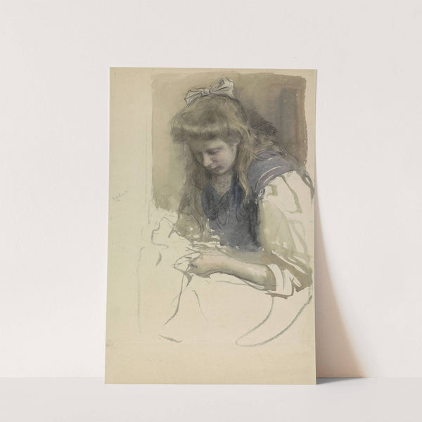 Studie van een handwerkend meisje in matrozenjurk by Johan Antonie de Jonge