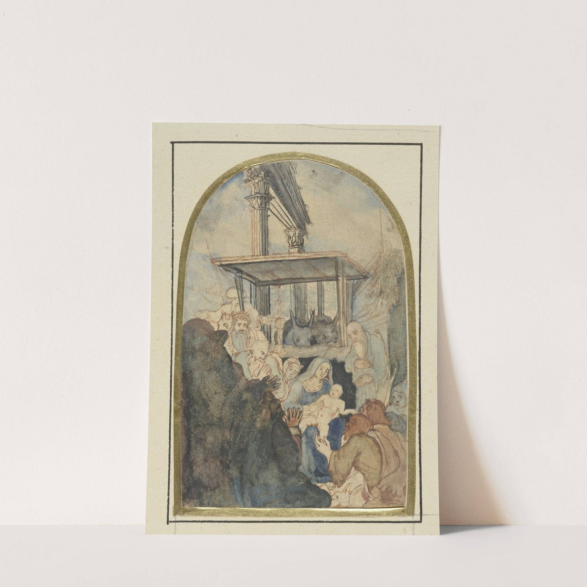 Studie voor een aanbidding der koningen, op de achtergrond een ruïne met twee Corinthische zuilen by Rodolphe Bresdin