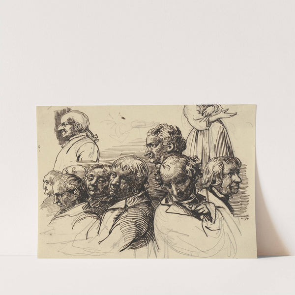 Studieblad med otte mandshoveder og en kvinde uden hoved by Wilhelm Marstrand