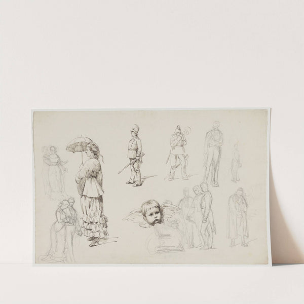 Studieblad med selskabsklædte mennesker, en dame med paraply, to dragoner og i midten som engel kunstnerens søn, Anton Thomsen by Carl Thomsen