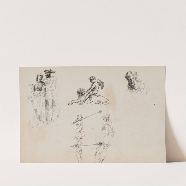 Studieblad, onder andere met karikaturen (1880) by Marius Bauer