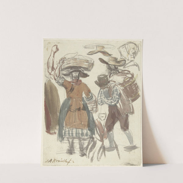 Studieblad van vissersechtpaar met manden op het hoofd en op de rug by Simon Andreas Krausz