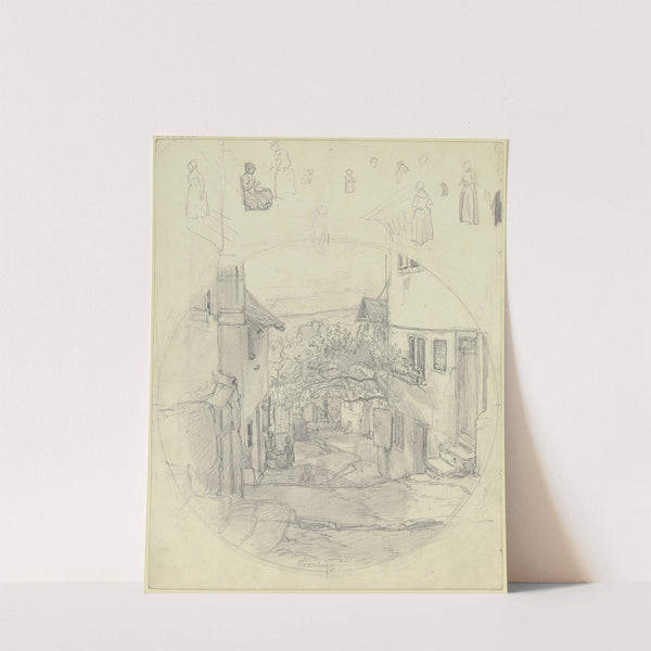 Studienblatt; Ansicht einer Straße in Kronberg, oben verschiedene Figurenstudien by Jakob Fürchtegott Dielmann