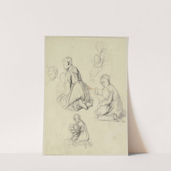 Studienblatt; Auf dem Boden kniende Frau mit Kleinkind in Rückansicht by Jakob Becker