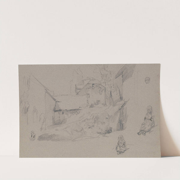 Studienblatt; Bauernhäuser an einem Abhang, ein Kopf, zwei sitzende Mädchen und andere Entwürfe by Jakob Fürchtegott Dielmann