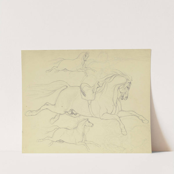 Studienblatt; Drei Pferde im gestreckten Galopp nach rechts, eines mit Sattel und angedeutetem Reiter by Ferdinand Fellner