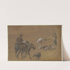 Studienblatt; Ein Reiter mit einem bepackten Maultier, rechts eine stehende Frau, dazwischen Gruppen von Hunden by Johann Georg Wagner