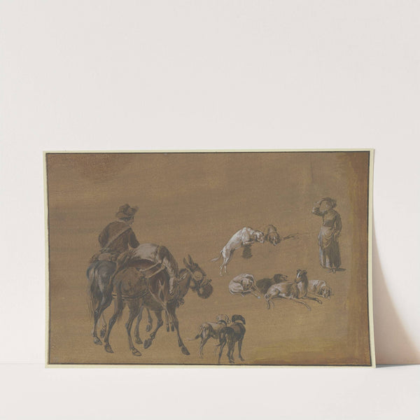 Studienblatt; Ein Reiter mit einem bepackten Maultier, rechts eine stehende Frau, dazwischen Gruppen von Hunden by Johann Georg Wagner