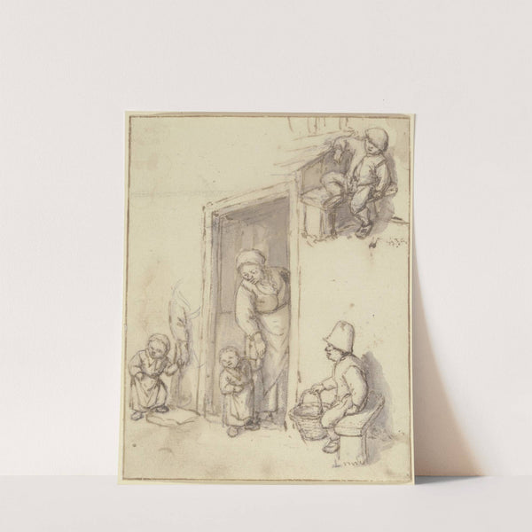Studienblatt; Eine Mutter und ihre Tochter in der Haustür, ein Mädchen an der Hand der Mutter, und zwei sitzende Jungen (ca 1659-1670) by Adriaen van Ostade