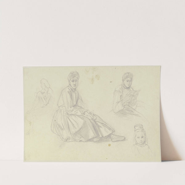 Studienblatt; Eine sitzende und eine lesende Frau, ein Kind sowie ein sitzender weiblicher Akt nach links by Jakob Becker