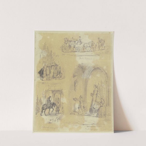 Studienblatt; eine Staatskarosse, Sänftenträger, ein Ritter mit seinem Gefangenen, Kirchgänger by Theodor Hosemann