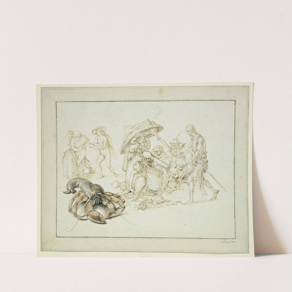 Studienblatt; Einsiedlerkrebs und zwei Hexendarstellungen by Jacob de Gheyn II