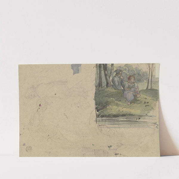 Studienblatt; Figuren und ein Mädchen mit einem Jungen im Wald sitzend by Jakob Fürchtegott Dielmann