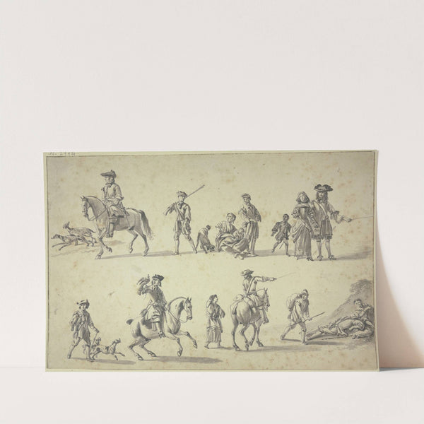 Studienblatt; Figuren zu Pferde und zu Fuße, unten links ein berittener Falkner by Hendrik Verschuring