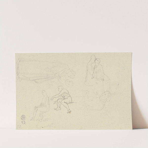 Studienblatt; Frauen bei der Handarbeit, ein sitzender männlicher Akt sowie weitere Figuren by Gustav Heinrich Naecke