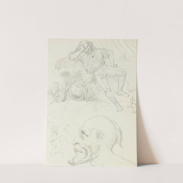 Studienblatt; grübelnder Mann und zwei Profilköpfe by Ludwig Michael Schwanthaler