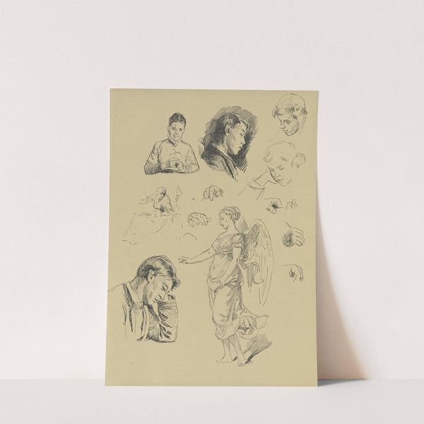 Studienblatt; Köpfe, Hände und ein Friedensengel by Eugen Klimsch