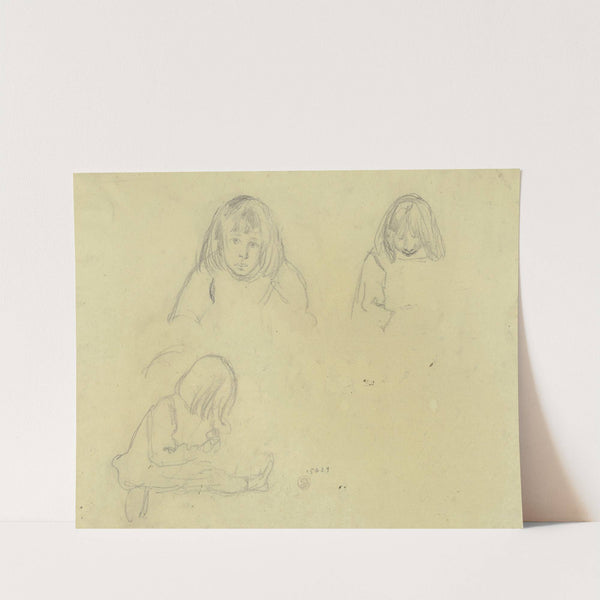 Studienblatt; Mädchen mit schulterlangem Haar, zweimal als Brustbild von vorn, einmal sitzend von der Seite by Gustav Schraegle