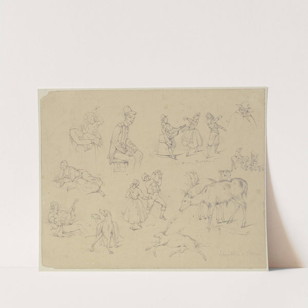 Studienblatt; Madonna und Kind, Szenen aus dem italienischen Volksleben, Hunde und Hirsche by Adolf Schrödter