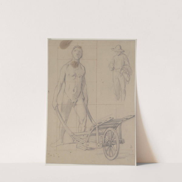 Studienblatt; Männlicher Akt mit Schubkarren, stehender Bauer by Jakob Becker