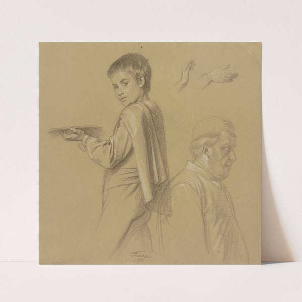 Studienblatt; Page mit Tablett, männliche Halbfigur, zwei Hände (1873) by Josef Ferdinand Becker