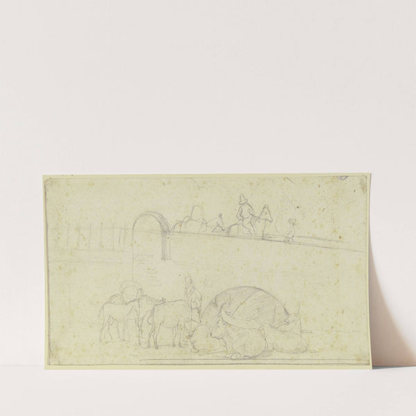 Studienblatt; Reitende Bauern auf einer Brücke, Maultiere und Rinder (ca 1834) by Friedrich Wasmann