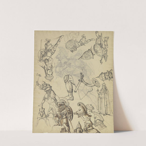 Studienblatt; Ritter und Damen, mittig ein das Schwert ziehender Ritter in energischer Bewegung nach links by Ferdinand Fellner