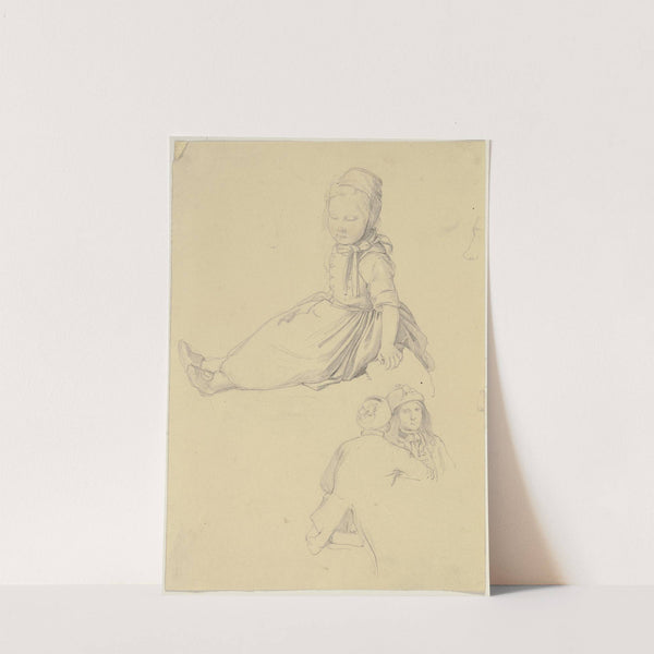 Studienblatt; Sitzendes kleines Mädchen, darunter zwei Männer im Gespräch by Jakob Becker