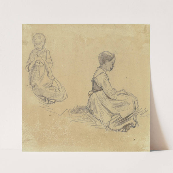 Studienblatt; Sitzendes strickendes Mädchen, rechts ein anderes, die Hände in den Schoß gelegt, im Profil nach rechts by Jakob Fürchtegott Dielmann