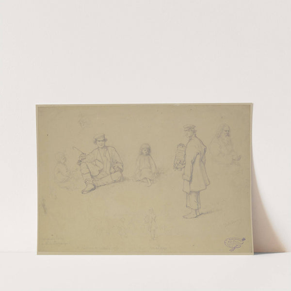 Studienblatt; verschiedene im Gras stehende und sitzende Figuren by Wilhelm Amandus Beer